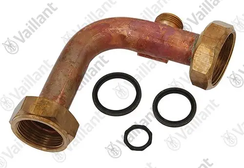 Vaillant Rohr mit einer Biegung, zwei Anschlussgewinden und mehreren Dichtungen im Zubehör.